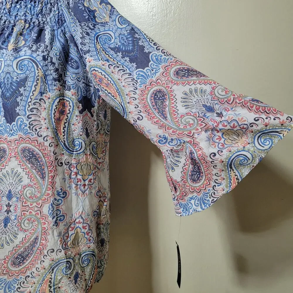 Zac & Rachel Women's Blue Paisley Blouse Top 3/4 Bell Sleeve Off Shoulder Medium - Picture 5 of 9